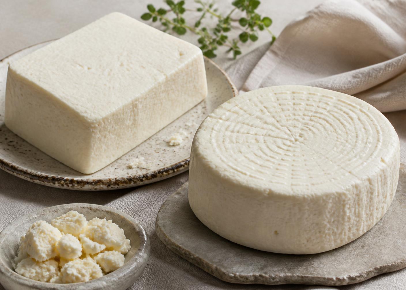 A block of queso blanco and a round of queso fresco on cream linen with crumbled cheese